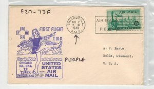 1949 AIRMAIL FIRST FLIGHT TWA AIRLAINES CHICAGO TO SWITZERLAND F27-73F Purple