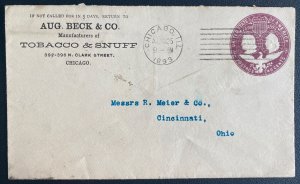 1893 Chicago IL USA Postal Stationery Cover To Cincinnati OH Tobacco Manufacturi