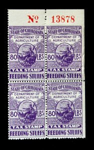 US California State Feeding Stuffs Revenue Plate # Block of 4  MNH 80lbs 1930...