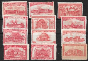 1901 PAN AMERICAN EXPOSITION BUFFALO CINDERELLA POSTER STAMPS, Lot of 12, Red