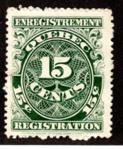 van Dam QR18, MNG, 15c green, Quebec 1912 Registration Canada Revenue Stamp