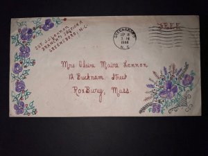 1944 USA Cover Free Postage Greensboro NC to Roxbury MA Hand Drawn Patriotic