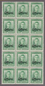 NEW ZEALAND OFFICIAL 1938 GVI 1d Green MNH block of 15 SG cat £90...........K531