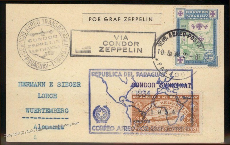 Paraguay 1934 Graf Zeppelin 6. SAF Si270 Germany Cover 98879