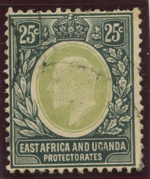 East Africa & Uganda - Scott 37- KEVII Definitive -1907 - Used- Single 25c Stamp