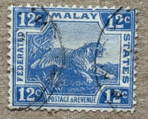 Malaya FMS 1922 12c Tiger, nicely used. Scott 65, CV $0.25. SG 68
