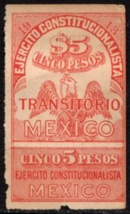 1913 Mexico Revenue Stamp 5 Peso Constitutional Army Issue Unused