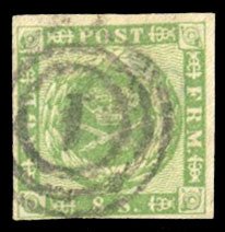 Denmark #8 Cat$82.50, 1851 8s yellow, used