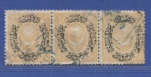 TURKEY 1876 Sc 44 1p used strip of 3, Blue double box cancel