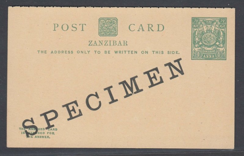 Zanzibar, 1/2a Green Sultan Monogram postal reply cards with SPECIMEN overprint