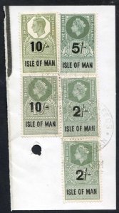Isle of Man KGVI 10/- + QEII 10/- 5/- and 2 x 2/- Key Plate Type Revenues CDS o