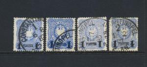 GERMAN OFFICES IN TURKEY 1884-9, 1Pi 4 SHADES VFU Sc#3v Mi#3a-d CAT€252SEE BELOW