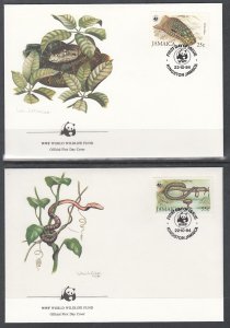 Jamaica 591-594 Snakes Wildlife Set of Four WWF U/A FDCs