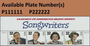 US 3100-3103 3103a Songwriters 32c header plate strip 4 MNH 1996