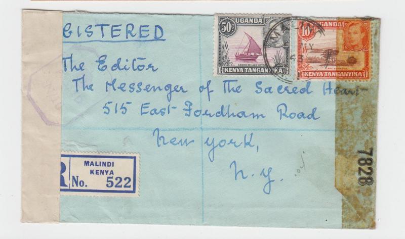 KENYA (MELINDI) 1943 CENSOR COVER REG TO USA, H/S Ty3  60c RATE (SEE BELOW)