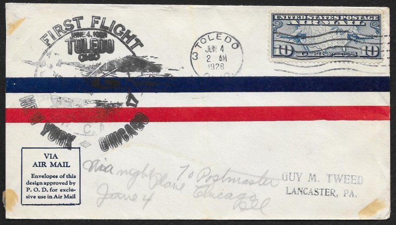 UNITED STATES C7 on First Flight Cover c1928 Toledo to Chicago