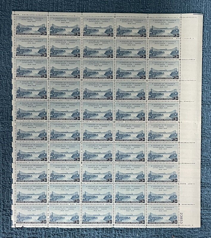 Scott #961, 3c U. S. - Canada Friendship, Mint sheet of 50, MNH