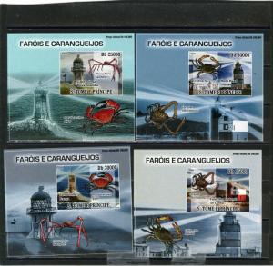 ST.THOMAS & PRINCE 2009 CRABS & LIGHTHOUSES SET OF 4 DELUXE S/S MNH 