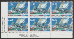 New Zealand 1987 $1.30 Blue Water Classics Plate Block UHM