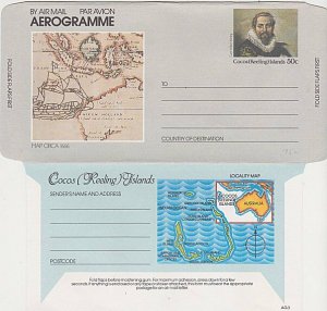 COCOS IS 50c pictorial aerogramme unused : Map + Capt Keeling...............L166