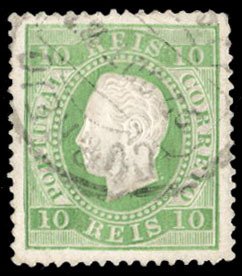 Portugal #37a Cat$40, 1880 10r yellow green, perf. 13 1/2, used