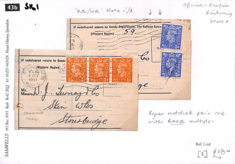 GB Covers {2} Worcs RAILWAY PERFINS *RE/WR* Rare Multiple Superb Pair 1951 S161