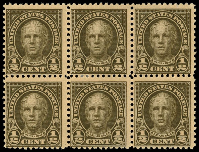 US Sc 551 MLH/MNH BLOCK of 6 -1925 ½¢ -Nathan Hale -Pf 11, Flat Press - See Desc