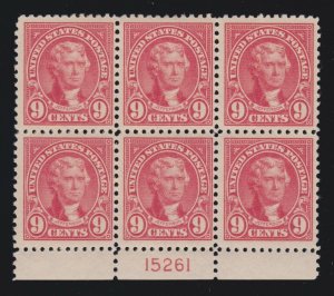 US 561 9c Jefferson Mint Bot Plate #15261 Block of 6 VF OG NH SCV $375