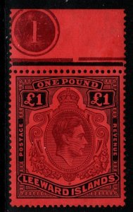 LEEWARD ISLANDS SG114 1938 £1 BROWN-PURPLE & BLACK/RED PLATE 1 MTD MINT