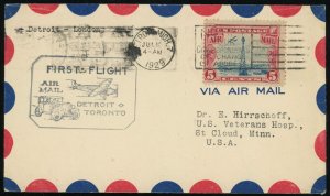 Detroit USA to London Canada First Airmail Flight Cover 5c Postage 1929 #C11