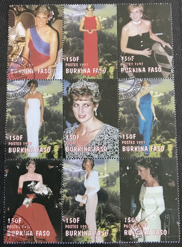 Burkina Faso Used 1090A Block of 9 Diana Princess Of Wales Has been folded