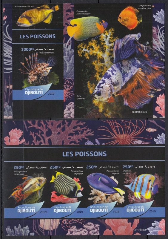 Dz1253 ! Imperf 2019 Djibouti Fishes Marine Life Fauna #3257-60+Bl1374 Mnh