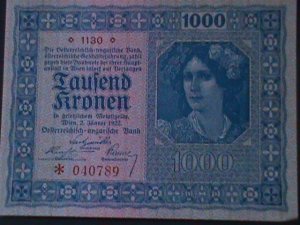 AUSTRIA-AUSTRIAN GOVERNMENT FIRST $1000 KRONEN-UN-CIRCULATED-102 YEARS OLD