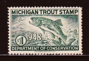 Album Treasures  Michigan  1948  $1 Trout Fishing Stamp Mint NH