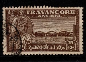 INDIA-TRAVANCORE SG72 1941 ¾ch BROWN p12½ USED