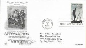 1965 FDC, #1182, 5c Appomattox, Art Craft / Atlas Chemical insert