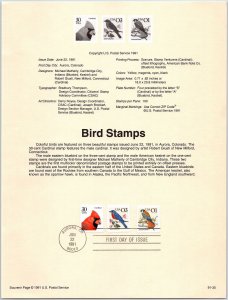 USPS SOUVENIR PAGE BIRD STAMPS 30c CARDINAL UPRATED W/ 3c AND 1c 1991
