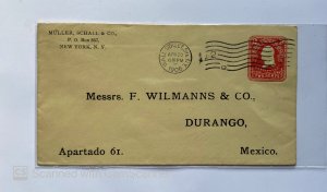 US LETTER FROM NY TO DURANGO MEX, EMBOSSED COVER MACHINE CODED CANCEL, 1906