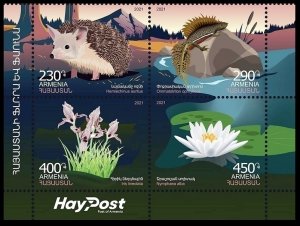 ARMENIA 2021-35 Flora and Fauna. Hedgehog, Newt and Flowers. BLOCK, MNH