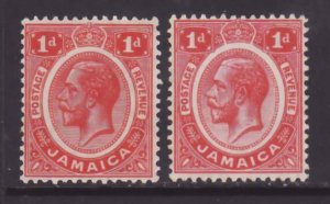 Jamaica-Sc#61,61a- id13-two unused NH og 1p KGV-scarlet 1916, carmine 1912-