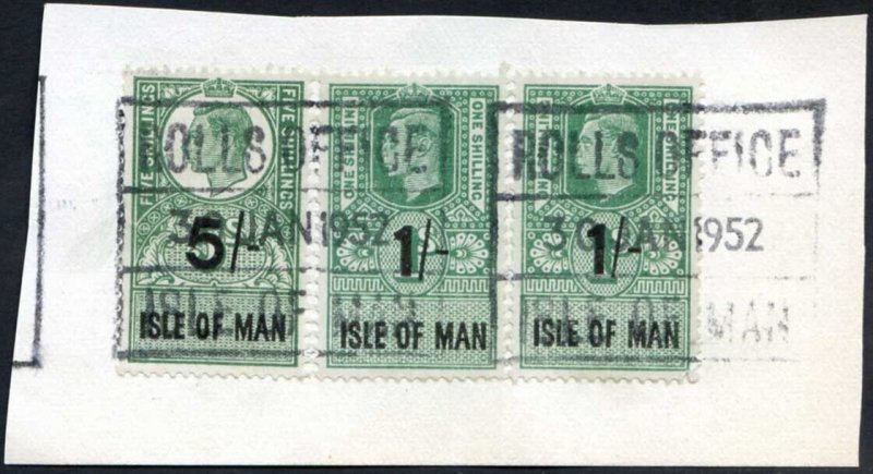 Isle of Man KGVI 5/- + 2 x 1/- Key Plate Type Revenues CDS on Piece