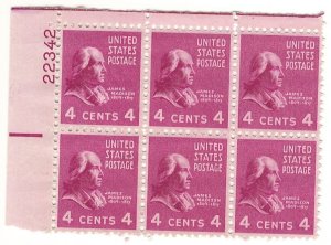 #808 – 1938 4c Madison, dark rose – MNH OG Plate Block of 6