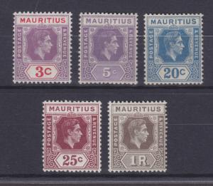 Mauritius Sc 212/219 MLH. 1938-1943 KGVI definitives, 5 different F-VF