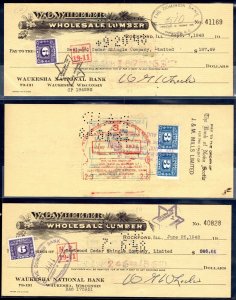 CANADA 1948 SIX W.G. WHEELER WHOLESALE LUMBER CHECKS W/POSTAGE OR REVENUE STAMPS