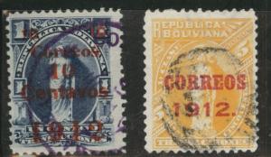 Bolivia Scott 100-101 Used 1912 overprints