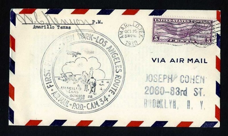 # C12 on CAM # 34 Signed First Flight cover from Amarillo, TX - 10-25-1930 - # 1