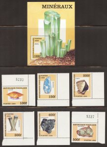 Togo Scott 1856-1861A MNHOG - 1999 Minerals Set incl Souvenir Sheet - SCV $10.00