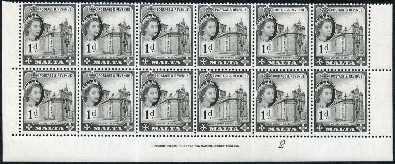 Malta SG268 1d Black Plate 2 U/M Block of 12