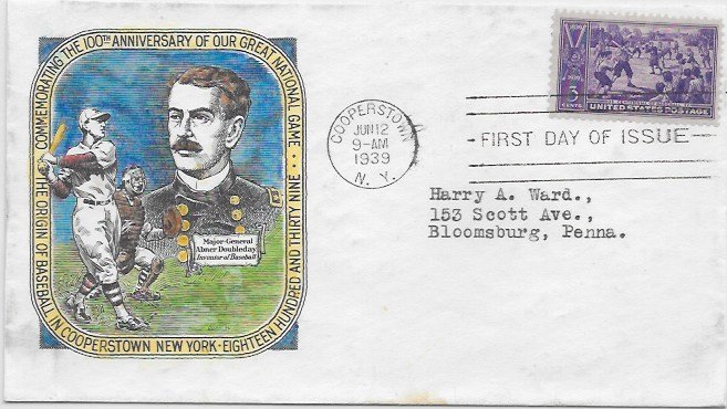 855 FDC, Hand Colored Cache, BaseBall, Free Insured Shipping;