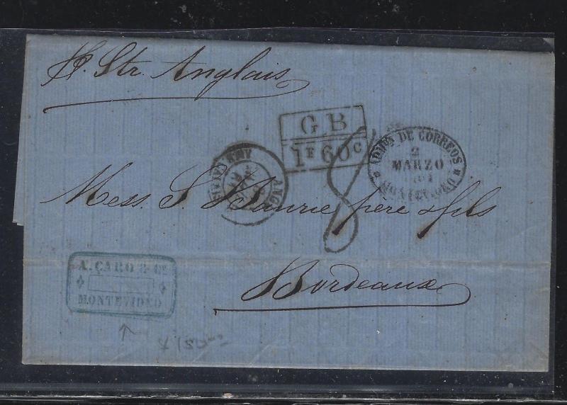 URUGUAY   (PP2604B)  1860 STAMPLESS GB 1F 60C MONTEVIDEO TO FRANCE